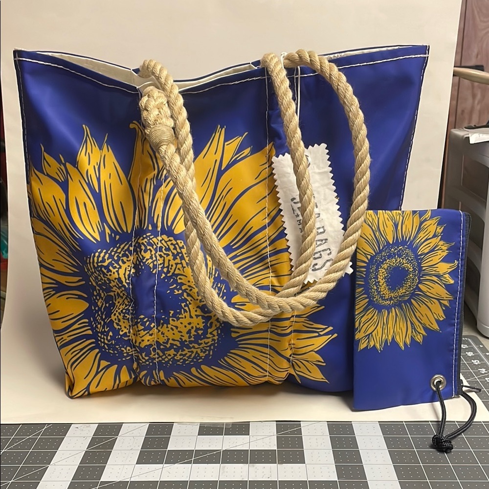 Sea Bags Sunflower Blue Tote Bag with Pouch